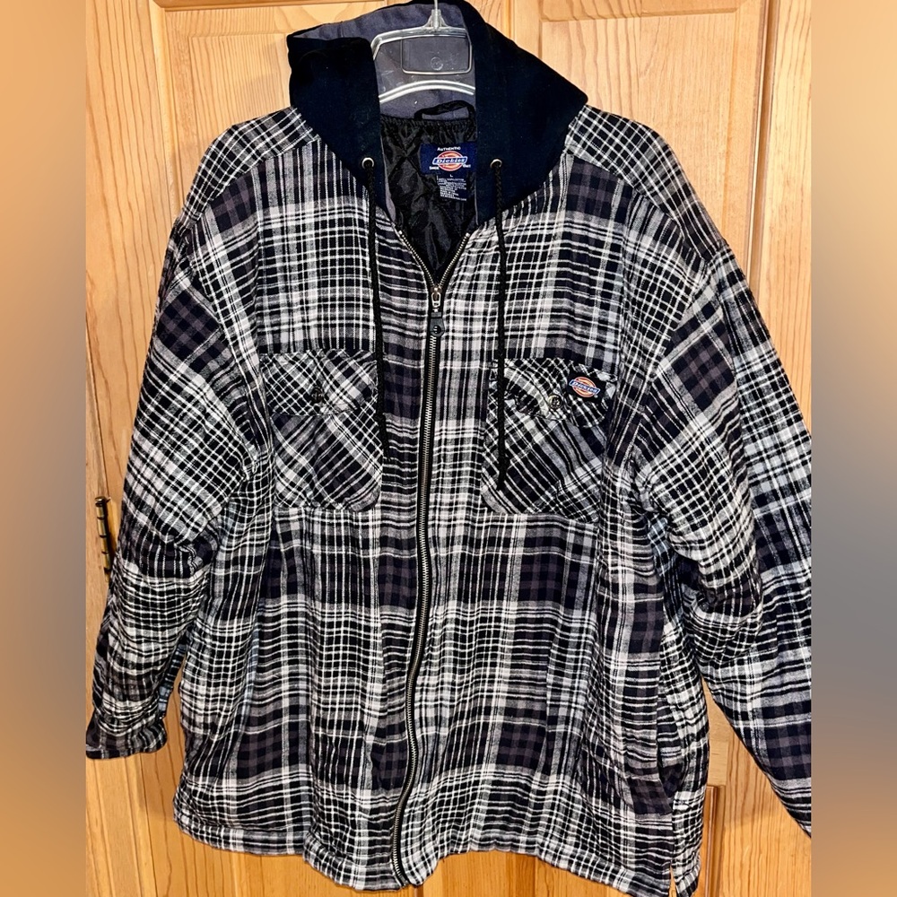 Dickies Mens L Plaid Hooded Flannel Shirt Quilted Lined Jacket Zip Work Shacket